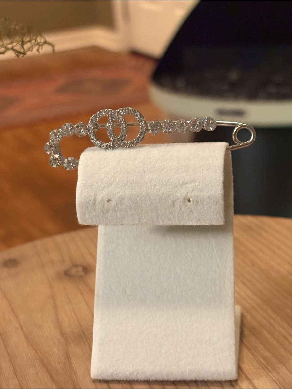 Crystal Safety Pin Brooch - Silver Tone